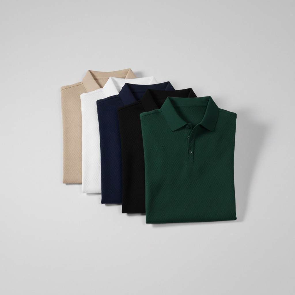 Męska teksturyzowana dopasowana długorękawowa koszulka polo