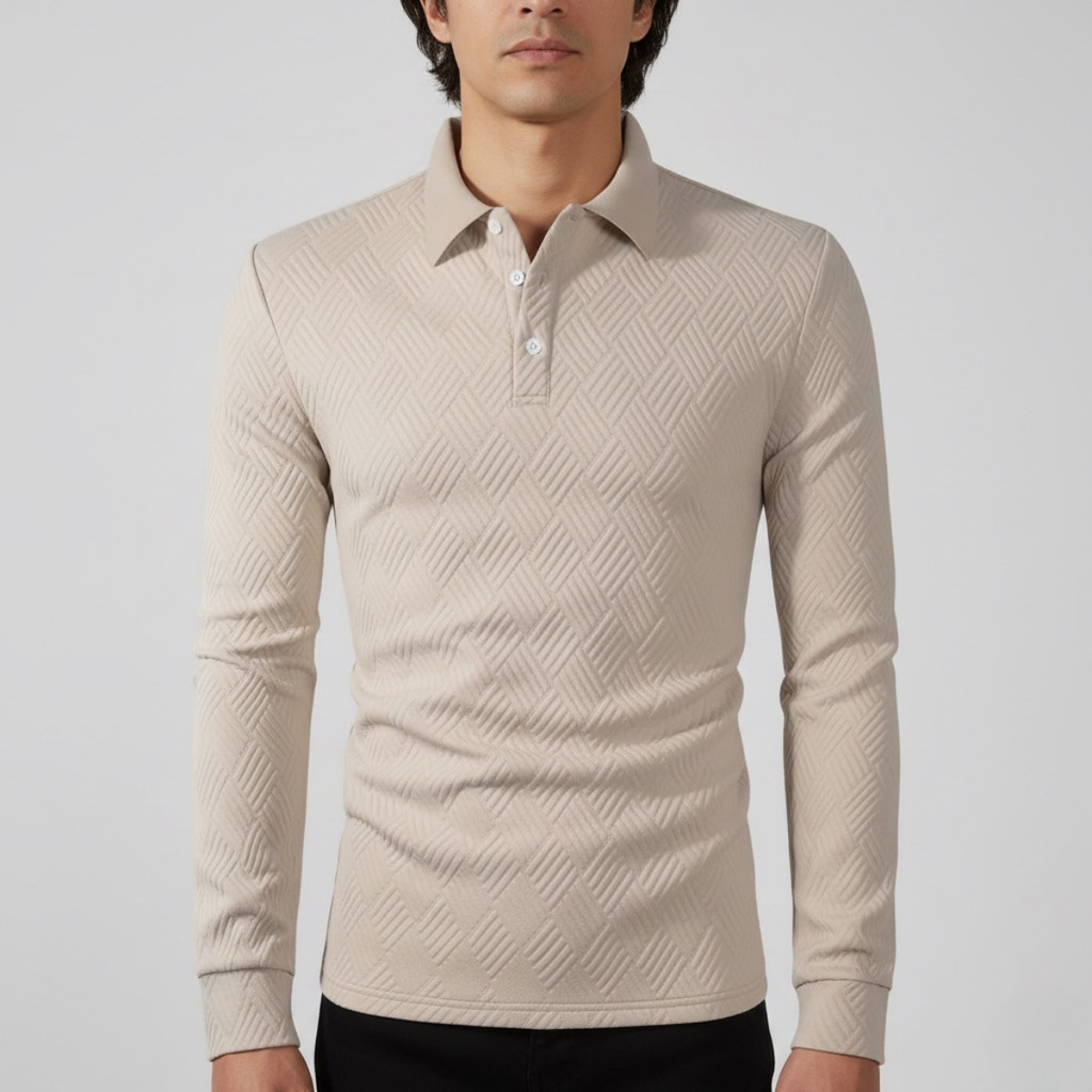 Męska teksturyzowana dopasowana długorękawowa koszulka polo