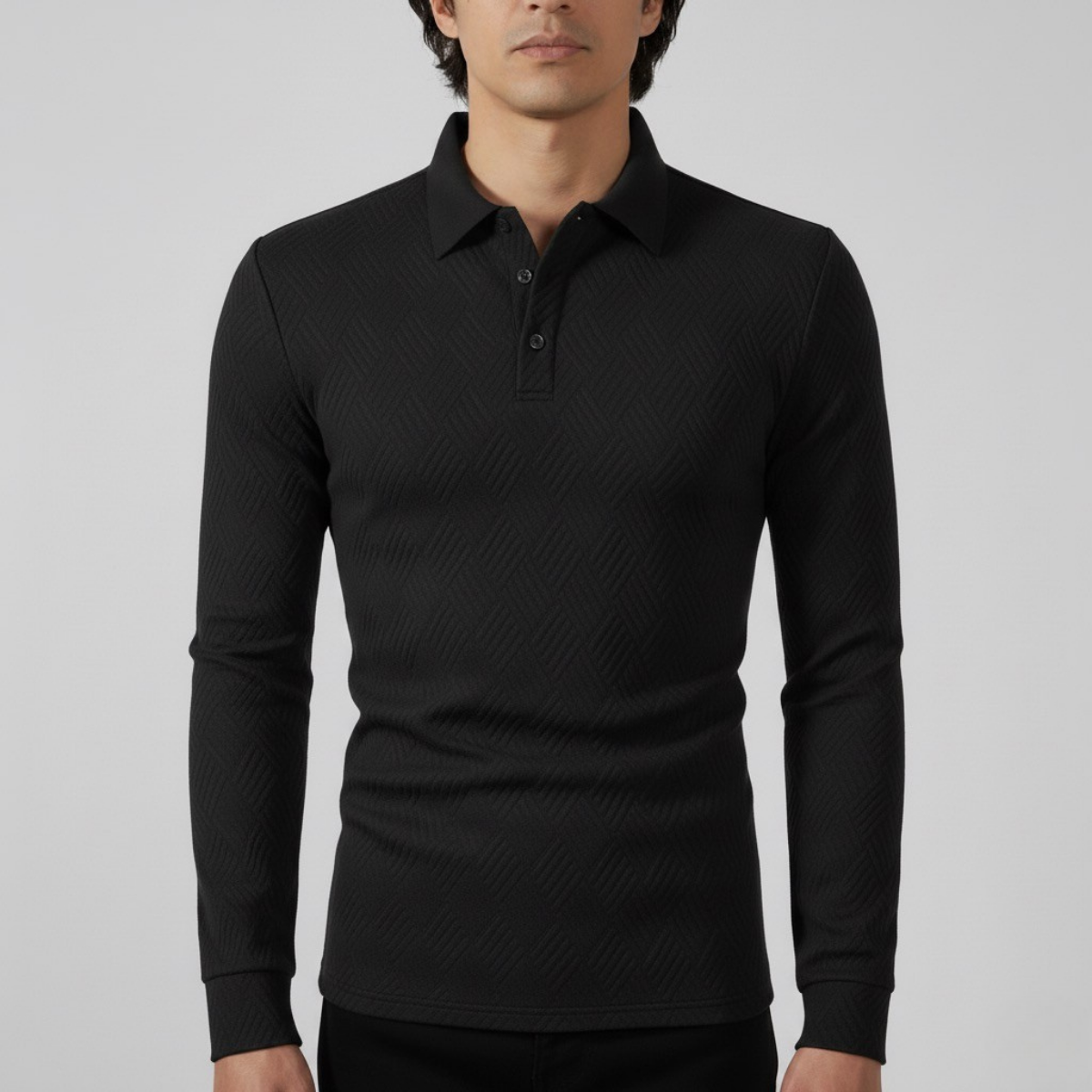 Męska teksturyzowana dopasowana długorękawowa koszulka polo