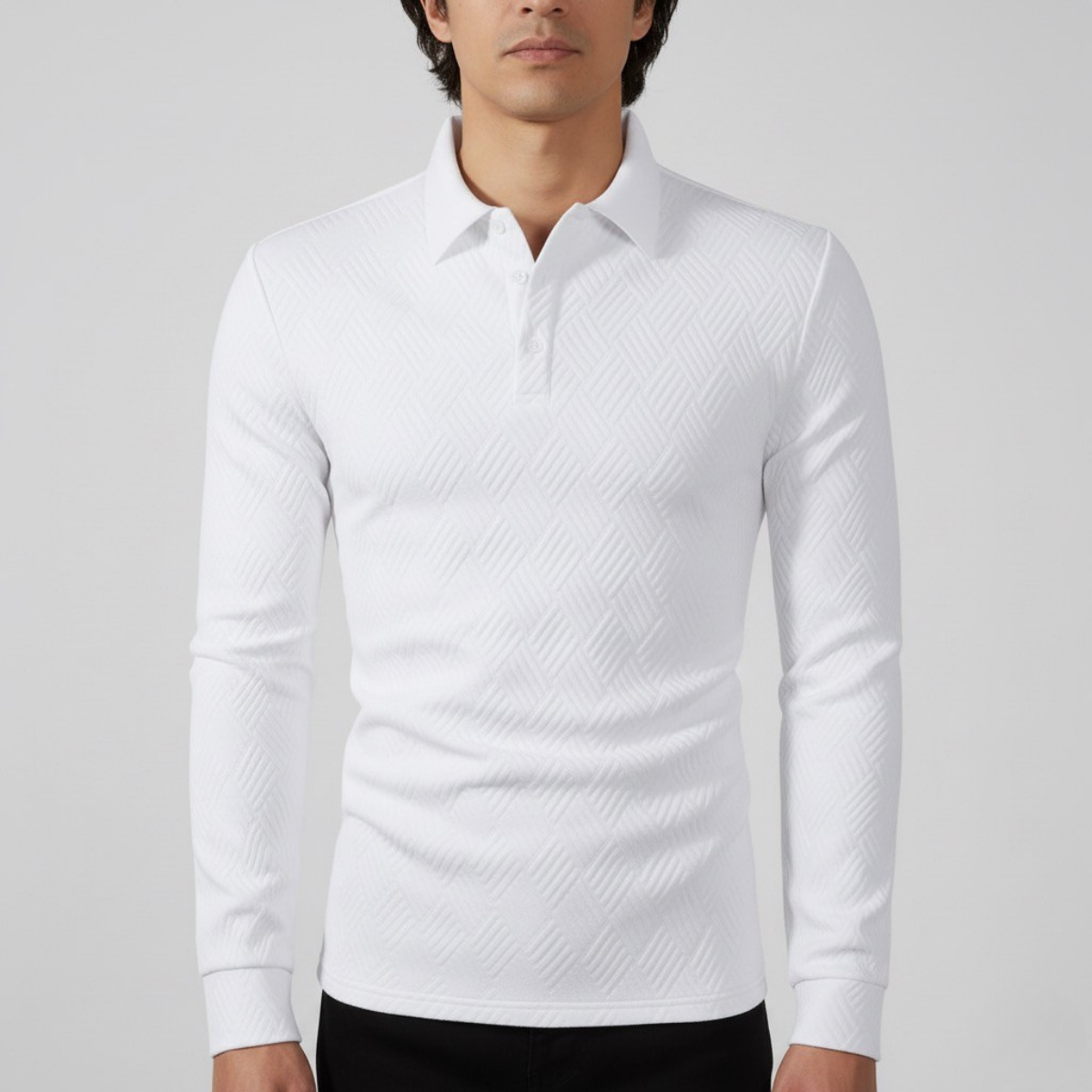 Męska teksturyzowana dopasowana długorękawowa koszulka polo